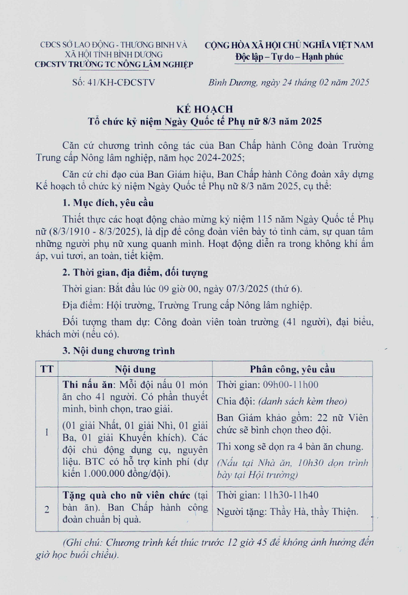 Công đoàn - Kế hoạch kỷ niệm ngày Quốc tế Phụ nữ 8-3 năm 2025